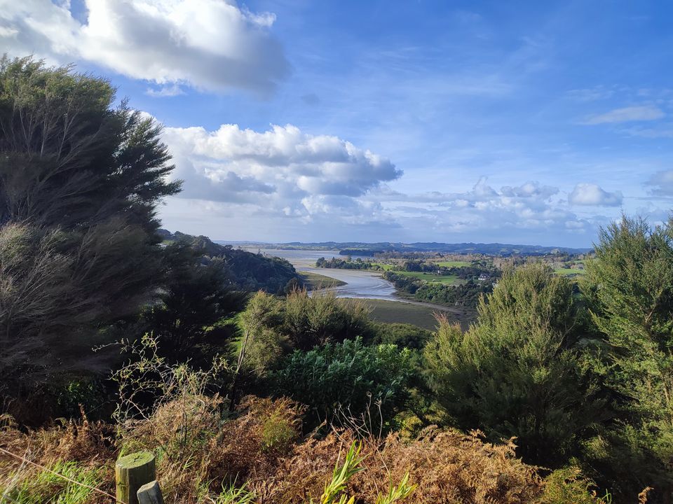 An estuary winding between wooded hills